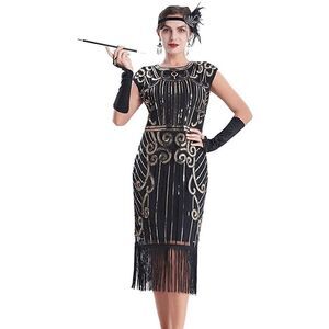 ✨ Flapper Great Gatsby Roaring 1920s Retro Tassel Fringe Sequin Dress SIZE L NEW
